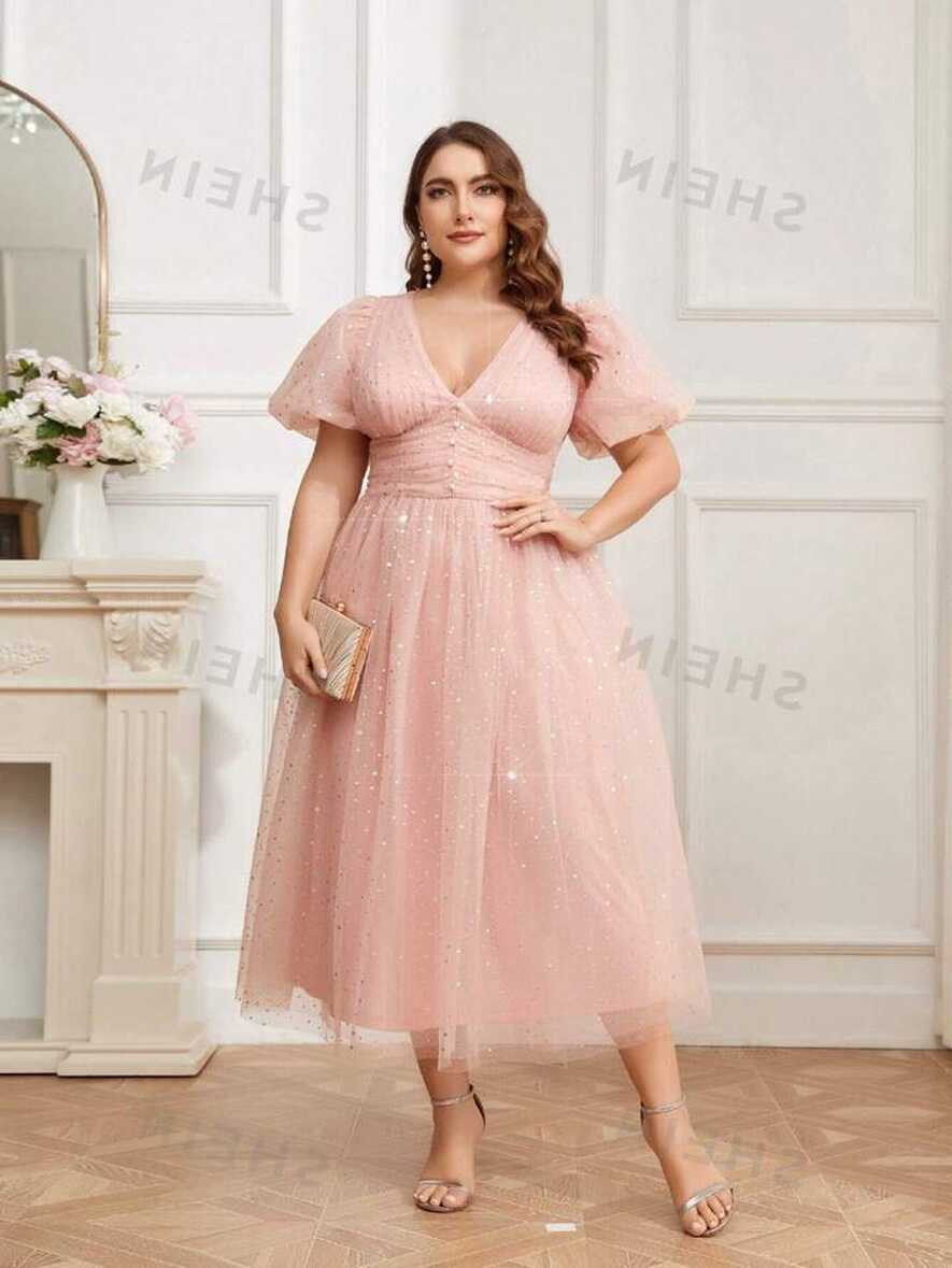 SHEIN Belle Plus Size Lotus Pink Gold And Silver Sequin Mesh ...