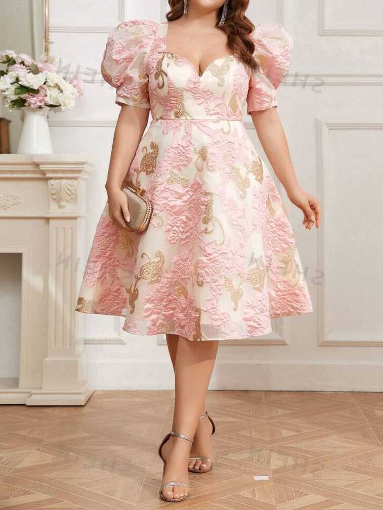 SHEIN Belle Plus Size Puff Short Sleeves Satin Jacquard Party ...