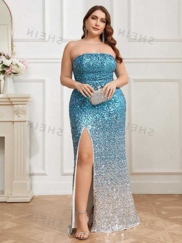 SHEIN Belle Plus Size Women&#39;s Gradient Sparkle Strapless High Slit ...