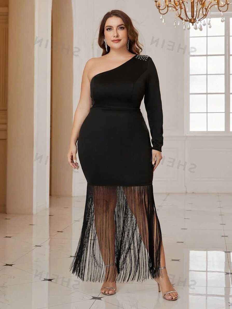 SHEIN Belle Plus Size Women Open Shoulder Fringe Party Evening ...