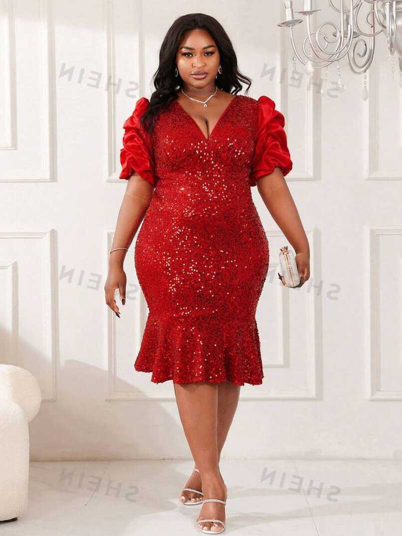 SHEIN Belle Women&#39;s Plus Size Red Luxury Sequin Stitching Satin ...