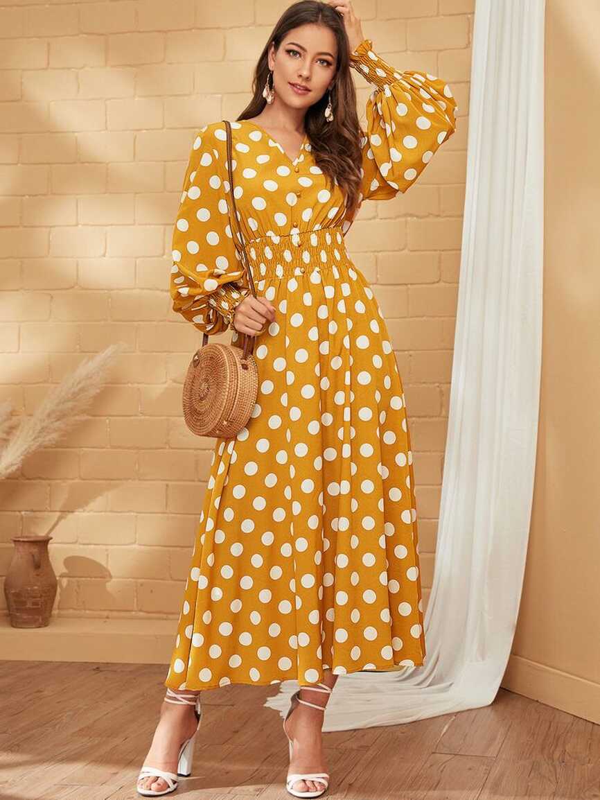 SHEIN Button Front Shirred Waist Lantern Sleeve Polka Dot Dress