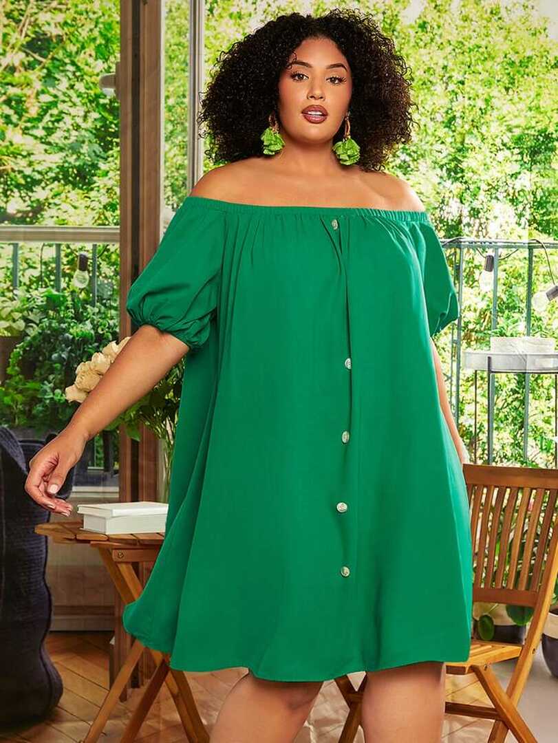 SHEIN CURVE+ Plus Off Shoulder Button Front Dress | SHEIN