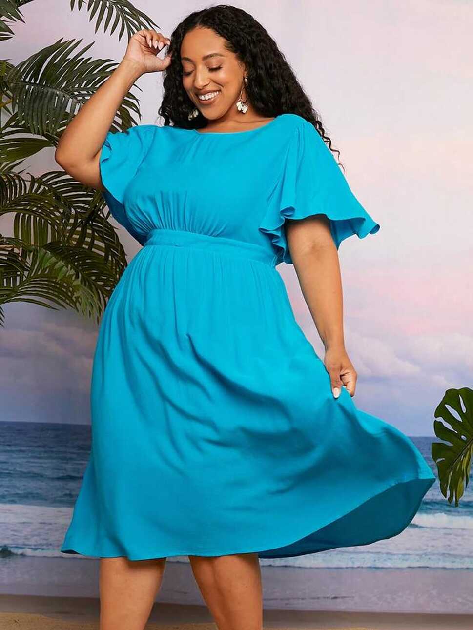 SHEIN CURVE+ Plus Solid Butterfly Sleeve A-line Dress | SHEIN