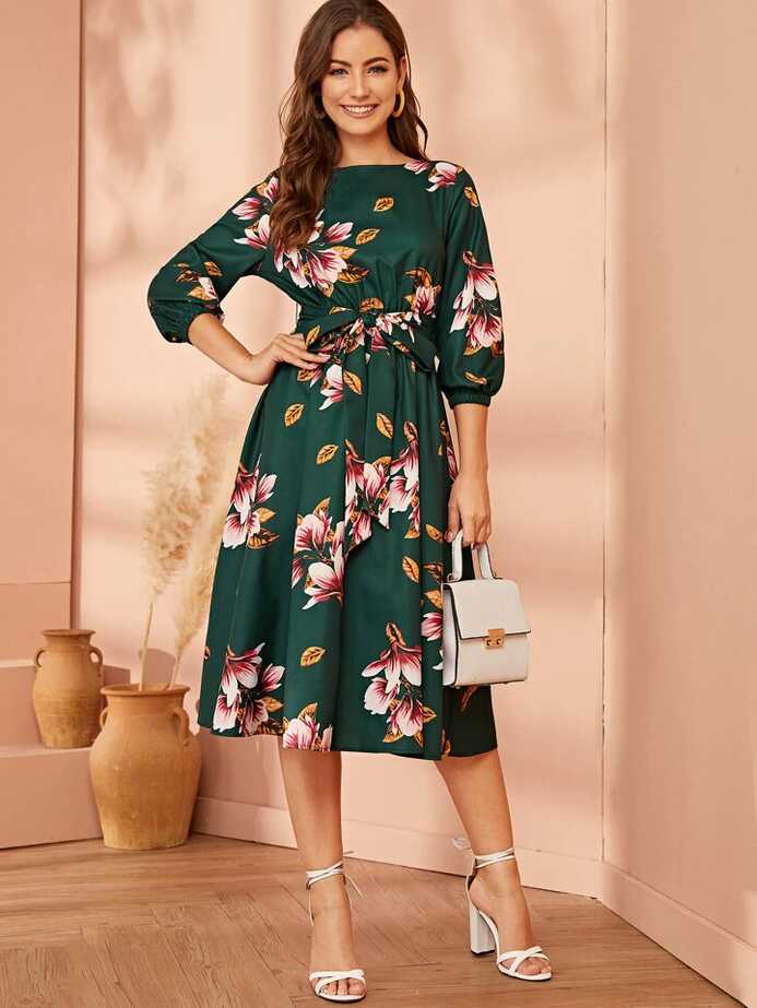 SHEIN Clasi Elastic Waist Belted Floral Dress | SHEIN EUR