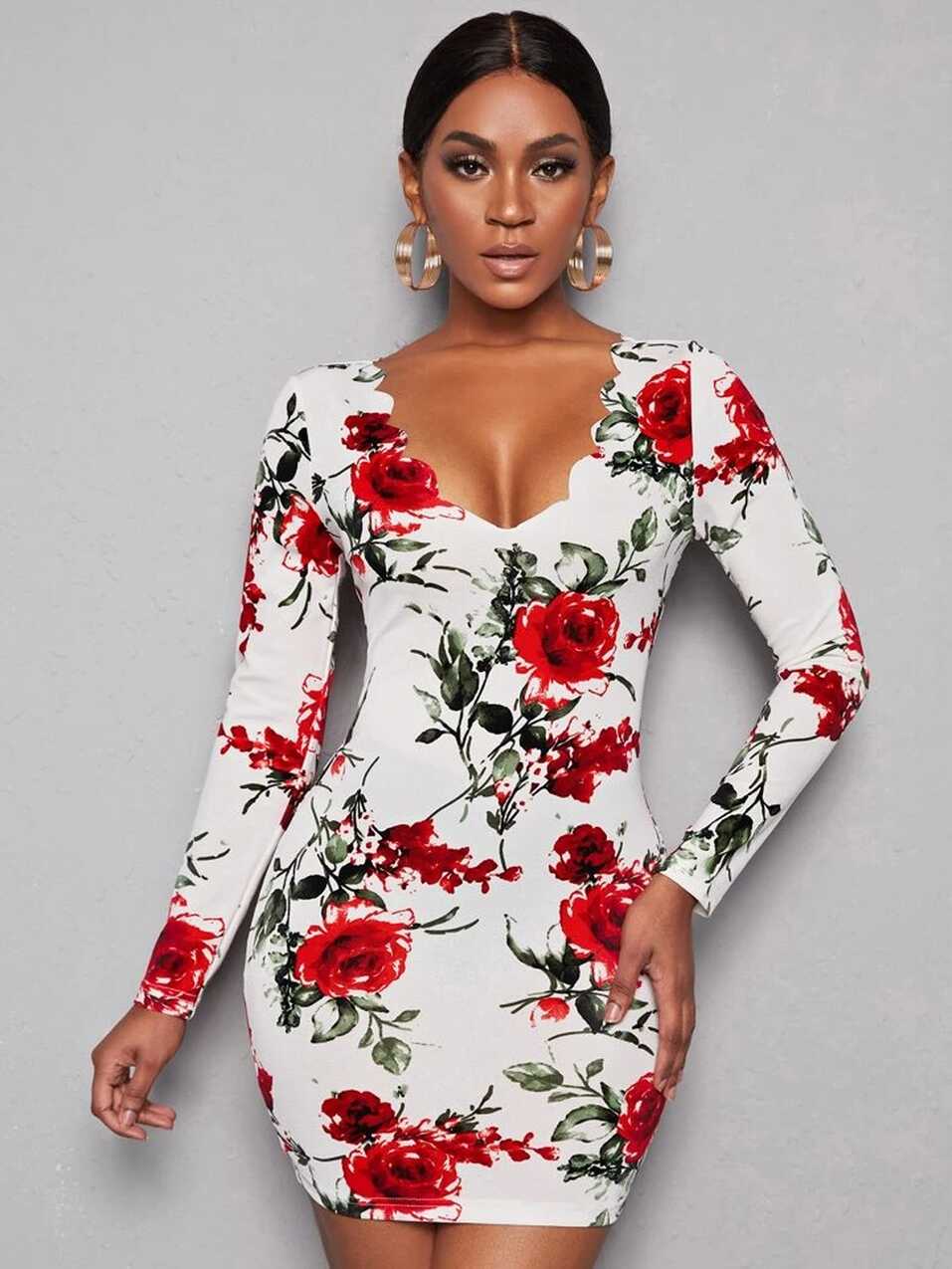 SHEIN Clasi Floral Print Scallop Trim Bodycon Dress | SHEIN USA