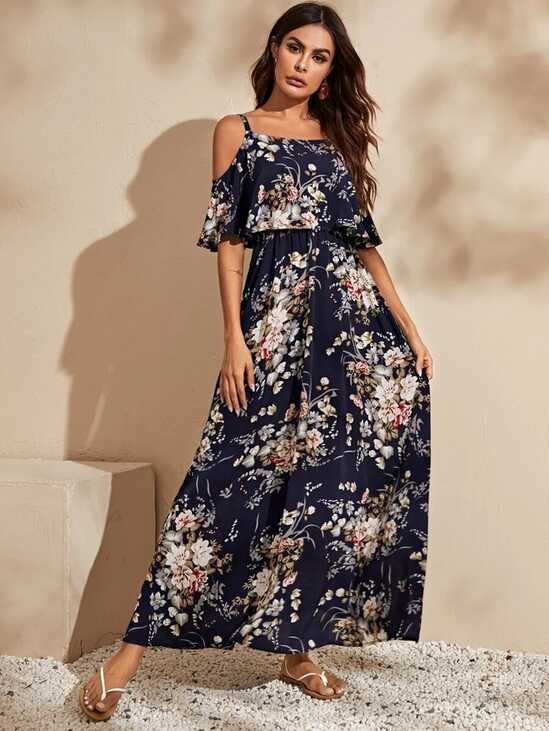 SHEIN Cold Shoulder Flounce Foldover Floral Dress