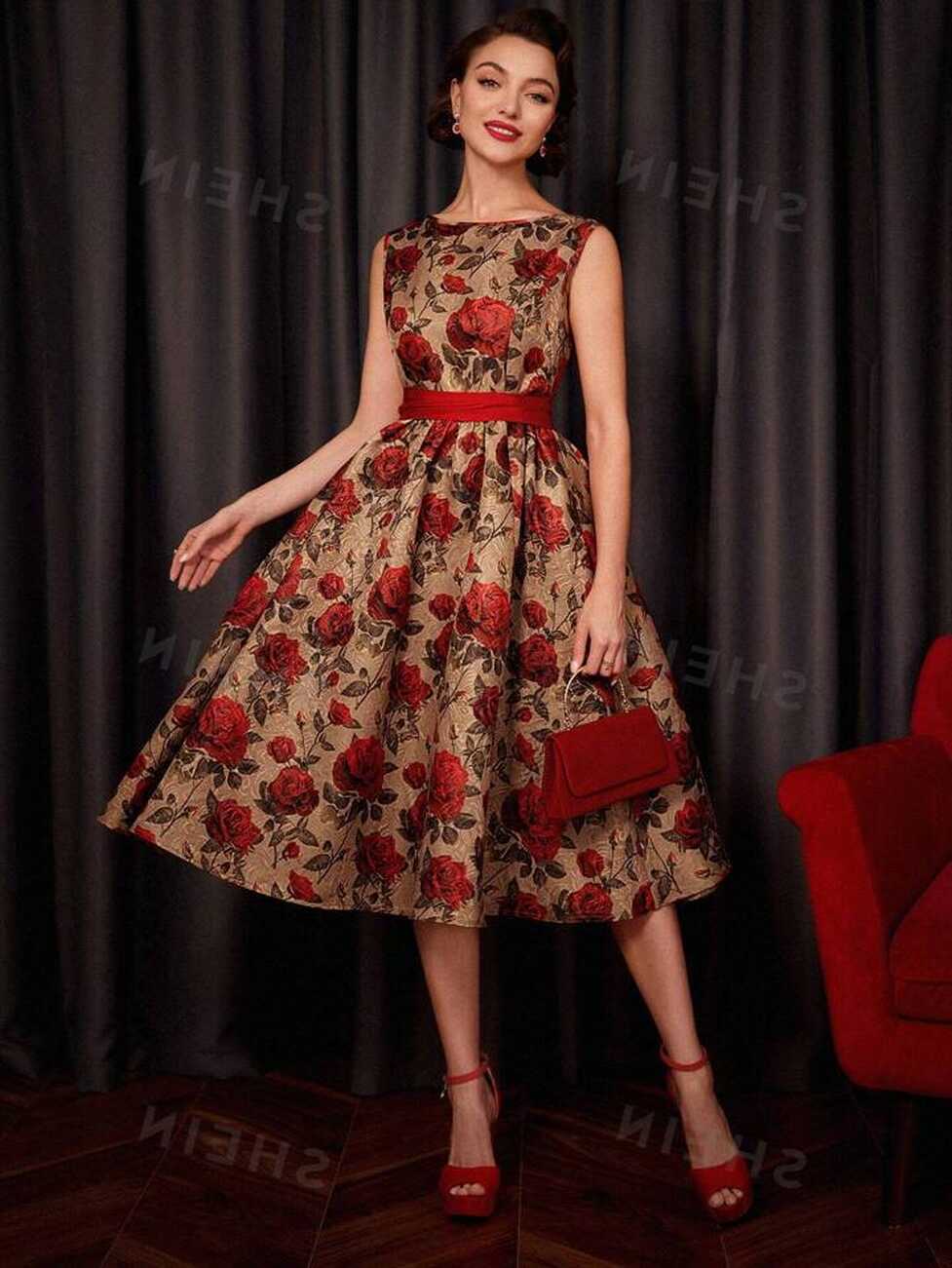 SHEIN DECDS Vintage Elegant Floral Print Belted Club Women Outfits ...