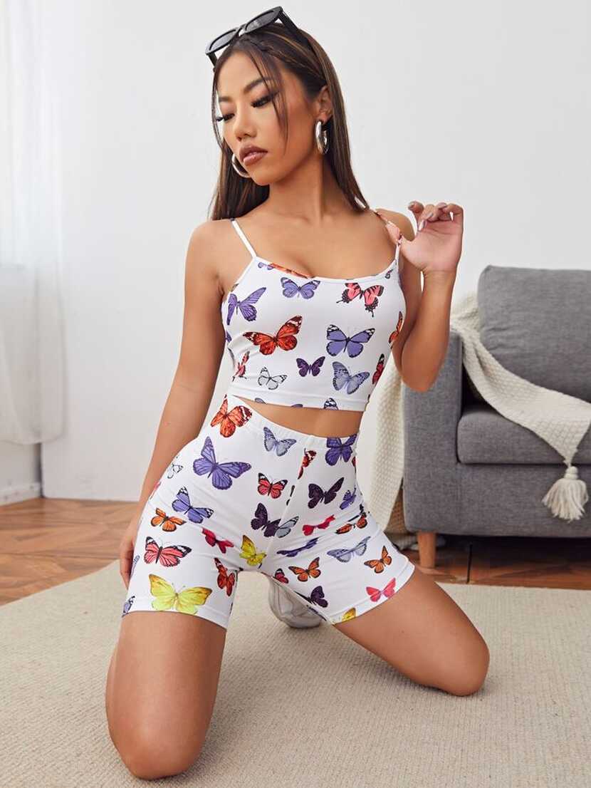 SHEIN EZwear Butterfly Print Cami Top and Legging Shorts Set ...