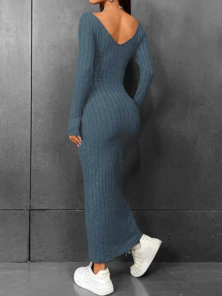 SHEIN EZwear Solid Ribbed Knit Bodycon Dress | SHEIN