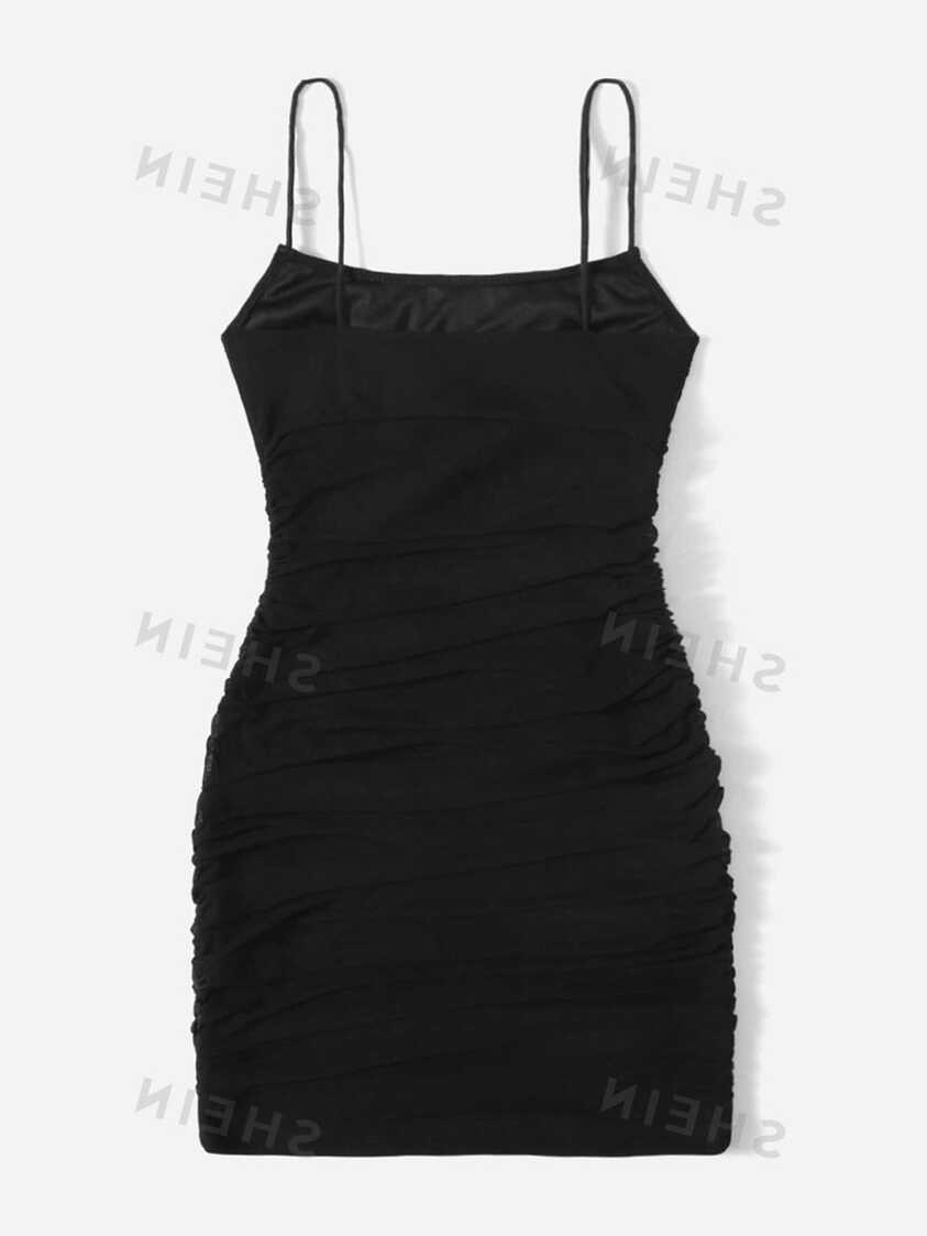 SHEIN EZwear Summer Solid Black Ruched Mesh Bodycon Short Dress ...