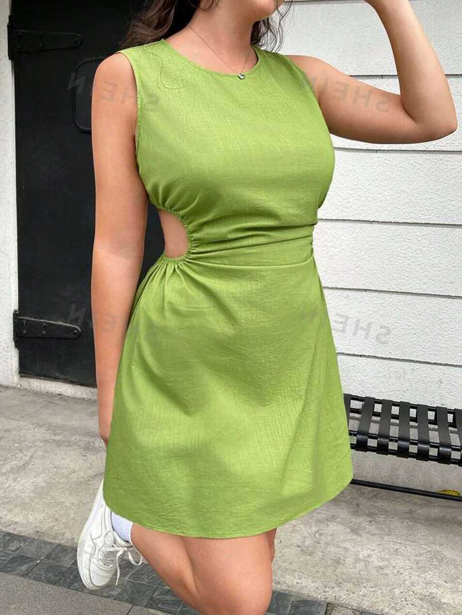 SHEIN EZwear Women Plus Size Casual Lime Green Solid Color A-Line ...