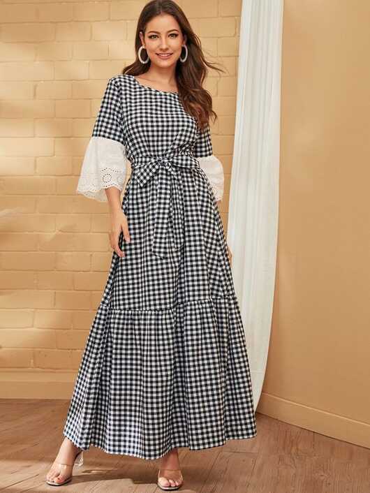 SHEIN Embroidery Eyelet Cuff Belted Gingham Maxi Dress