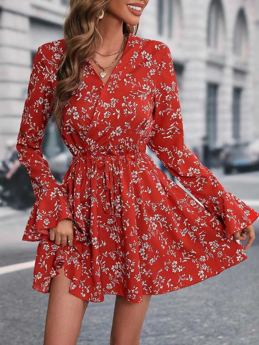 SHEIN Essnce Allover Floral Print Flounce Sleeve Dress | SHEIN