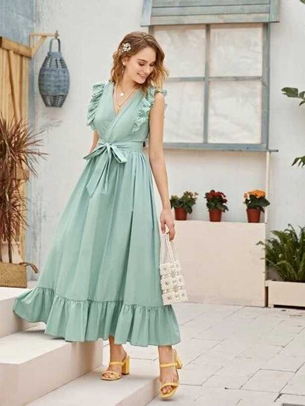 SHEIN Eyelet Embroidered Butterfly Sleeve Ruffle Hem Belted Dress