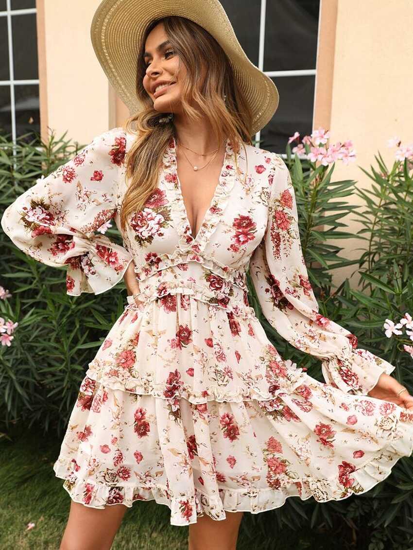 SHEIN Floral Print Bell Sleeve Layered Frill Dress | SHEIN USA