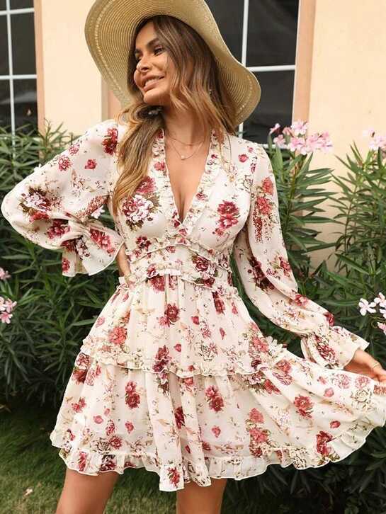 SHEIN Floral Print Bell Sleeve Layered Frill Dress