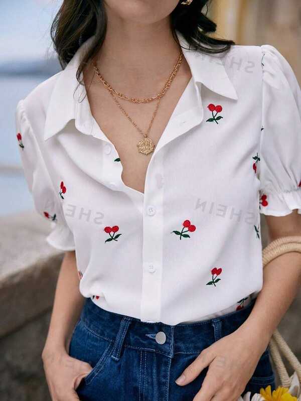 SHEIN Frenchy Cherry Embroidery Puff Sleeve Shirt Summer Tops ...