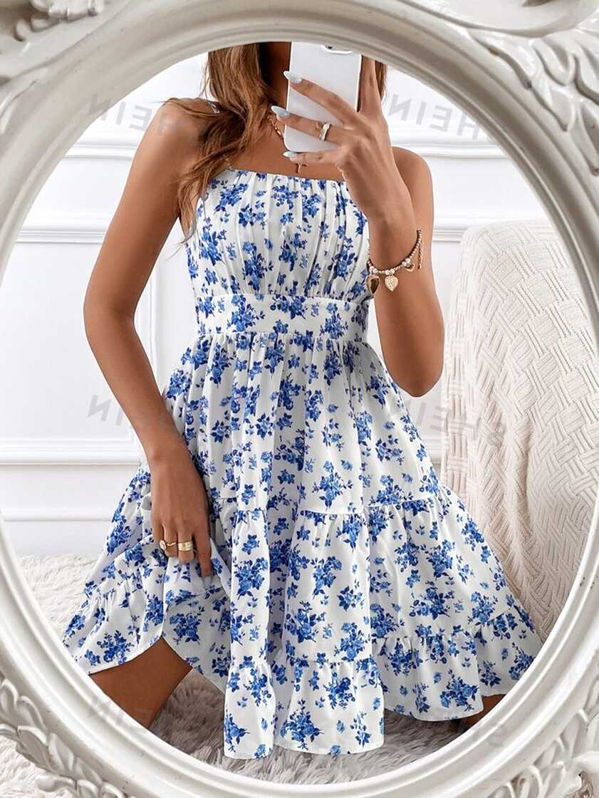 SHEIN Frenchy Floral Print Ruched Bust Cami Dress Vacation Summer ...