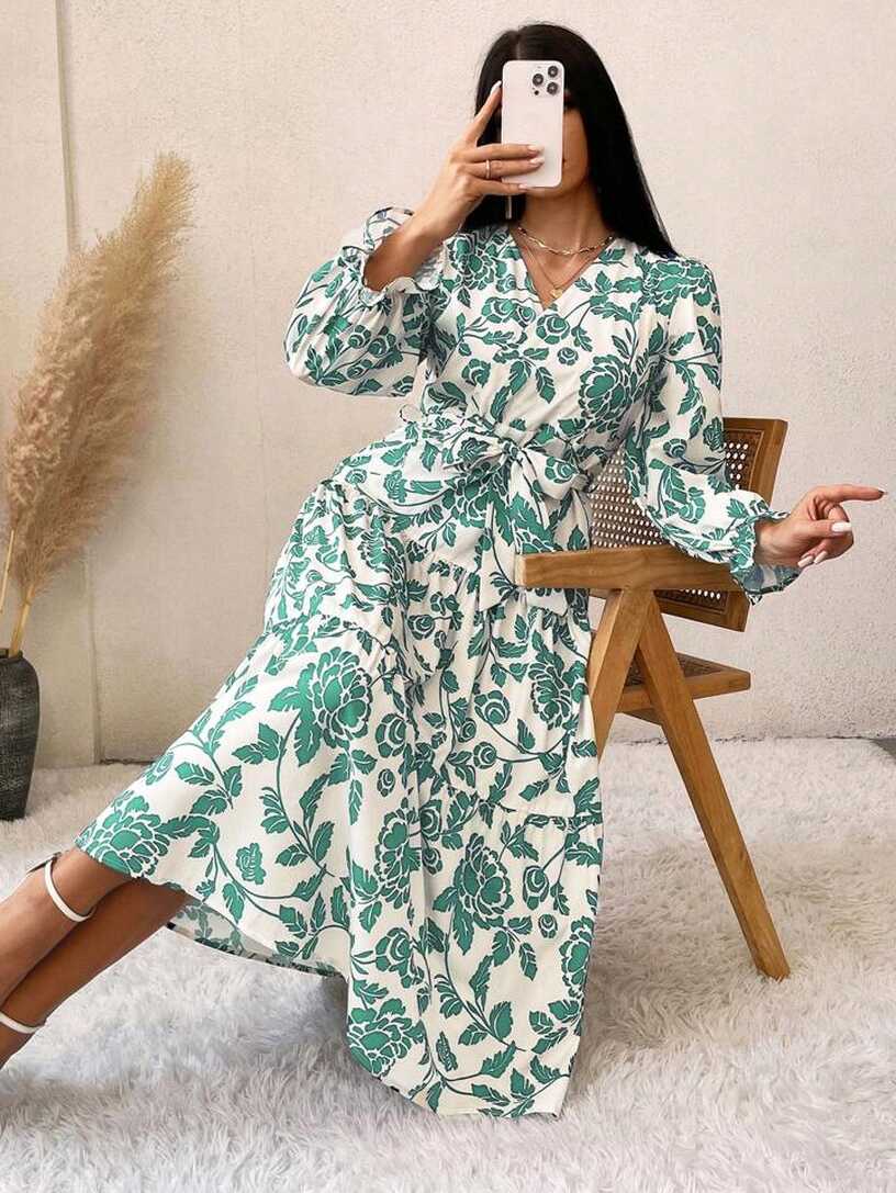 SHEIN Frenchy Floral Print V-Neck Long Sleeve Dress | SHEIN USA