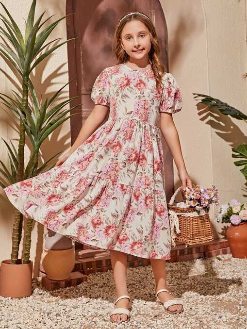 SHEIN Girls Floral Print Puff Sleeve Ruffle Hem Dress | SHEIN USA