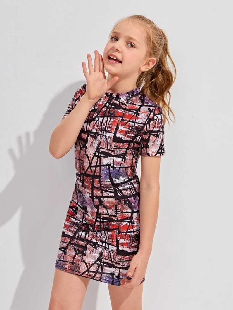 SHEIN Girls Mock-neck Allover Print Dress | SHEIN USA