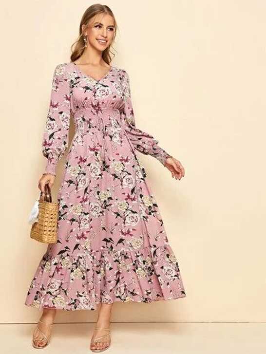 SHEIN Knot Shirred Waist Flounce Hem Floral Dress