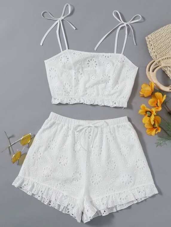 SHEIN Knot Strap Frill Trim Schiffy Cami Top &amp; Shorts Set | Classy ...