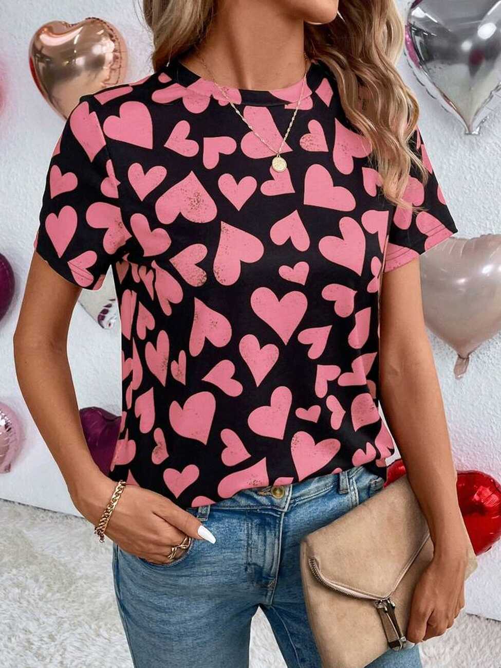 SHEIN LUNE Summer Tops Women&#39;s Heart Print T-Shirt | SHEIN USA