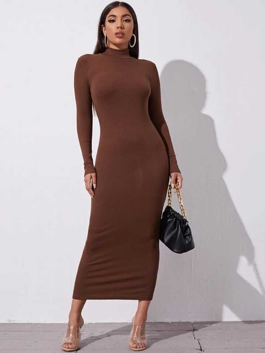 SHEIN Mock Neck Solid Bodycon Dress | Body con dress outfit ...