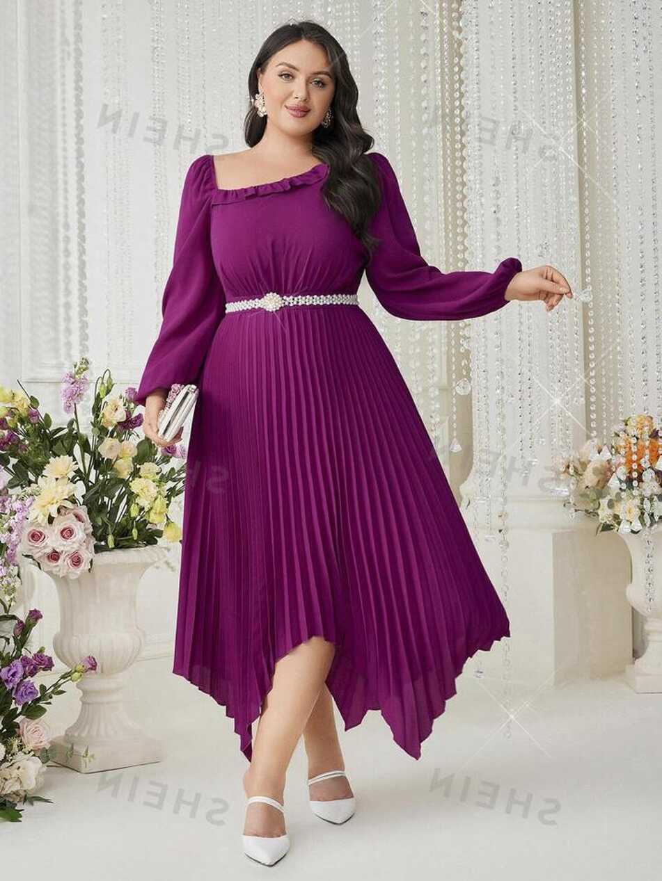 SHEIN Modely Plus Size Women&#39;s Pleated Irregular Neckline Dress ...