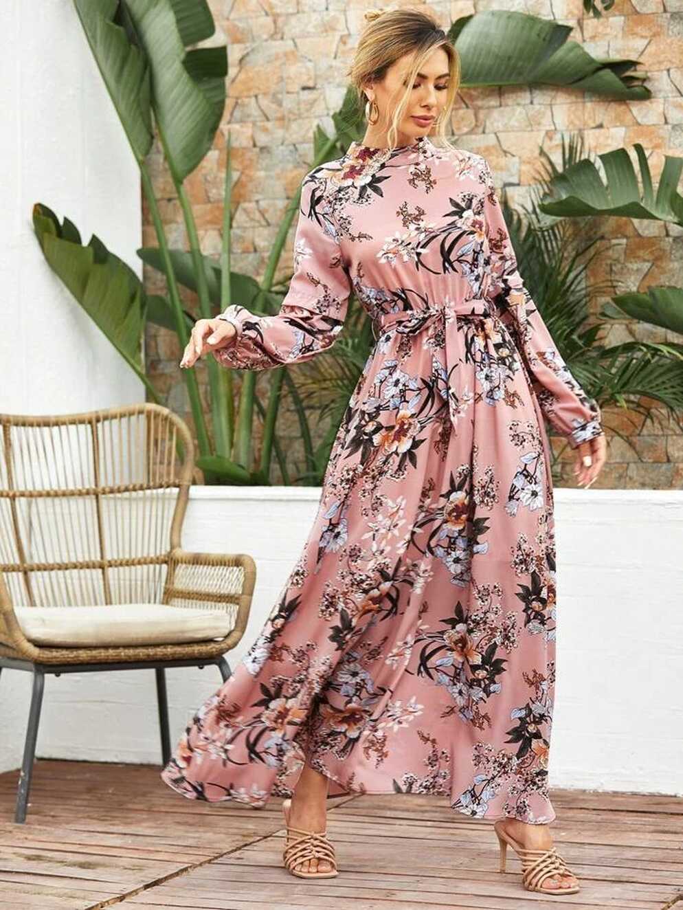 SHEIN Mulvari Allover Floral Print Self Tie Swing Maxi Dress for ...