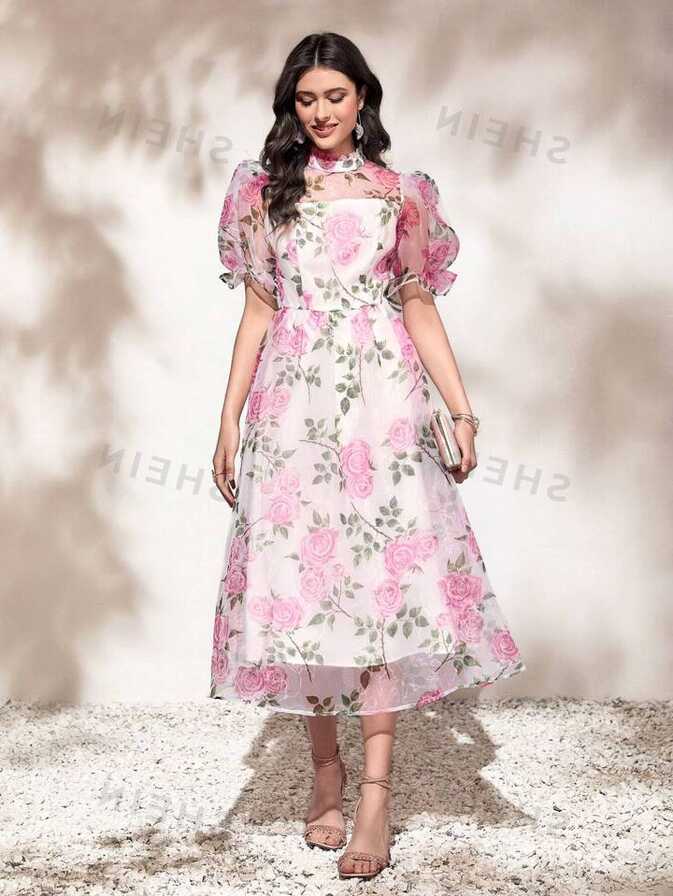 SHEIN Mulvari Floral Print Puff Sleeve Organza Overlay Dress ...