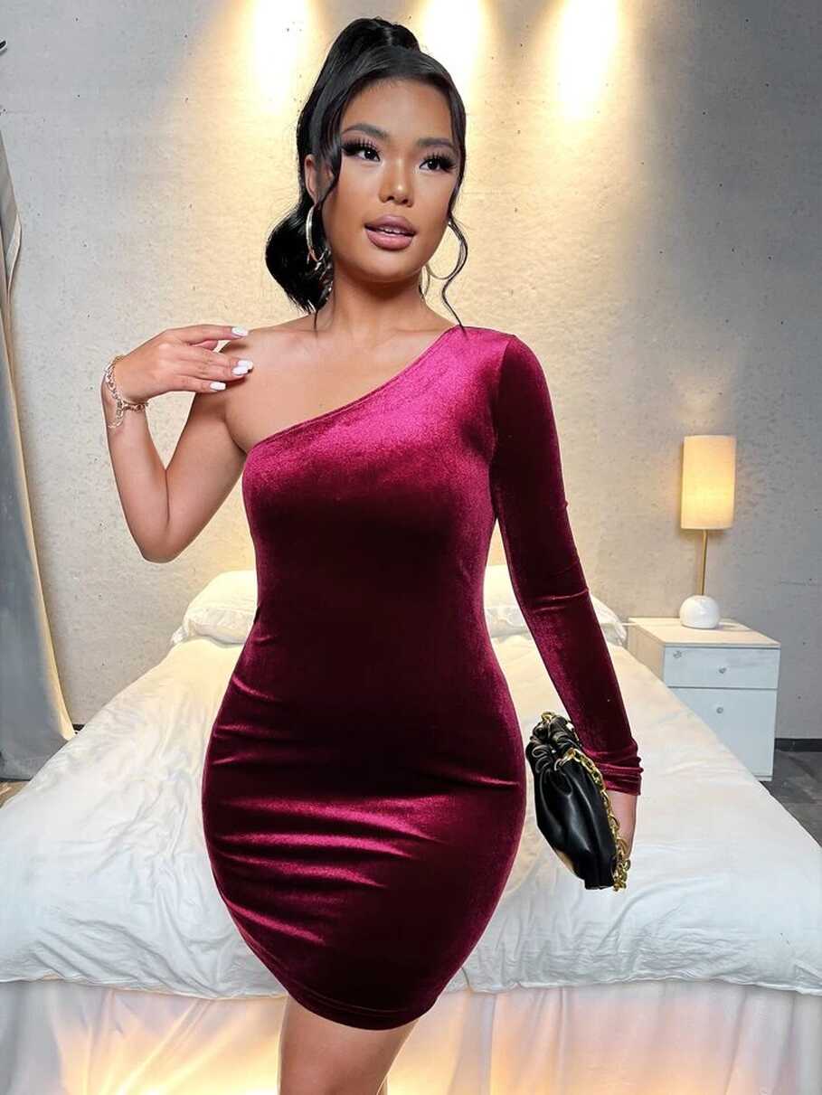 SHEIN One Shoulder Velvet Bodycon Dress | SHEIN USA