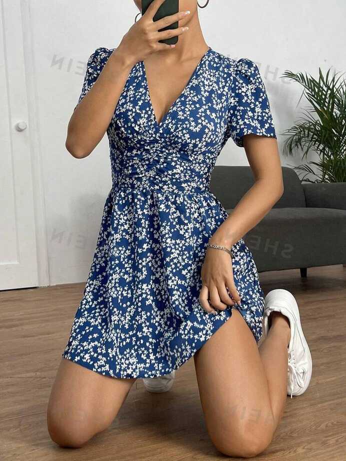 SHEIN PETITE Ditsy Floral Print Puff Sleeve Short Summer Dress ...