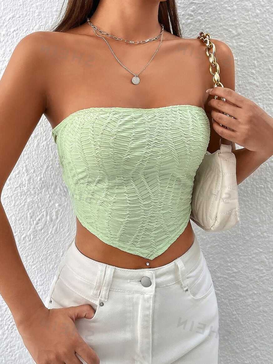 SHEIN PETITE Hanky Hem Lace Up Back Crop Tube Summer Top | SHEIN USA