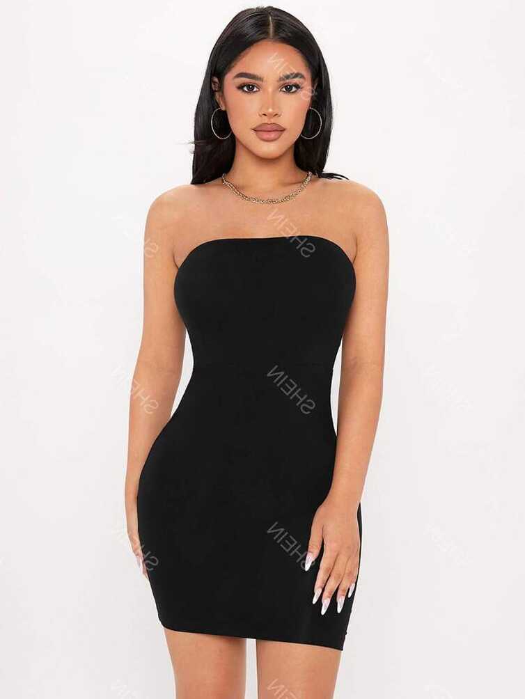 SHEIN PETITE Solid Bodycon Tube Black Dress | SHEIN USA