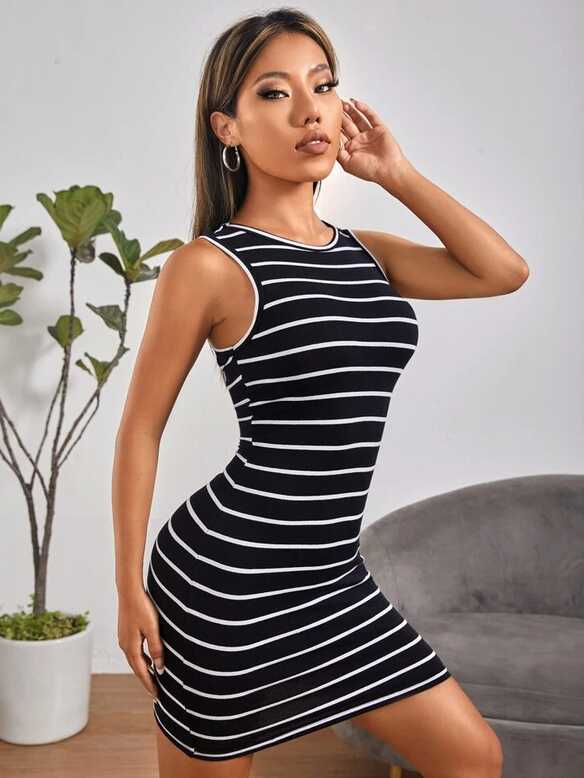 SHEIN PETITE Striped Print Sleeveless Bodycon Dress | SHEIN USA