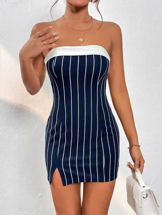 SHEIN PETITE Striped Print Split Hem Tube Bodycon Dress | SHEIN USA