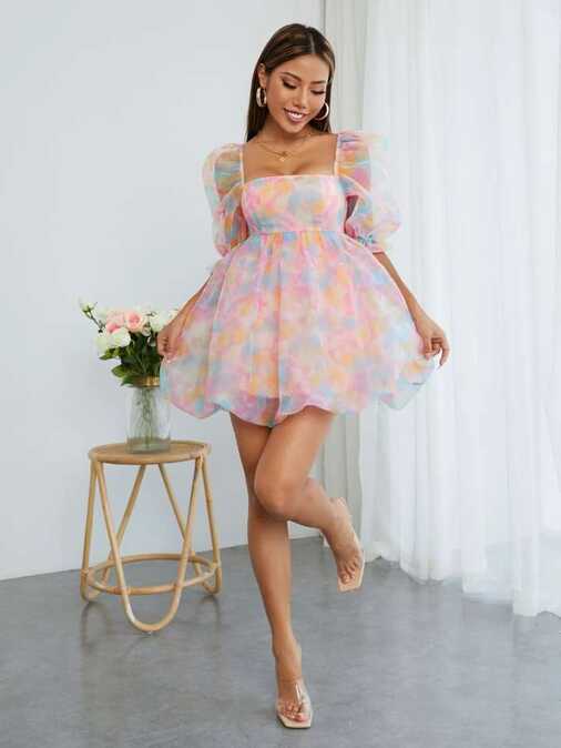 SHEIN PETITE Tie Dye Square Neck Puff Sleeve Organza Dress for ...