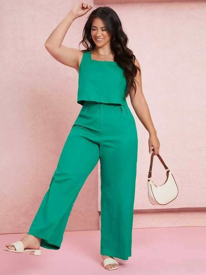 SHEIN Plus Solid Tank Top &amp; Wide Leg Pants Set | Trendy plus size ...