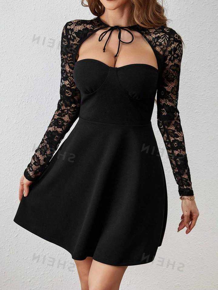 SHEIN Privé Fashionable Ladies&#39; Long Sleeve Black Lace Dress ...