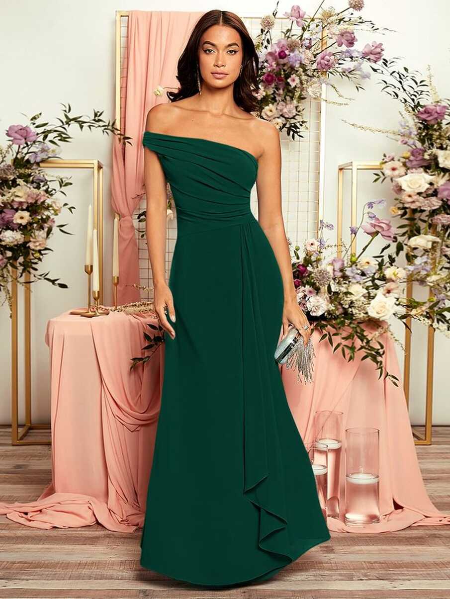 SHEIN Ruched One Shoulder Draped Front Bridesmaid Dress