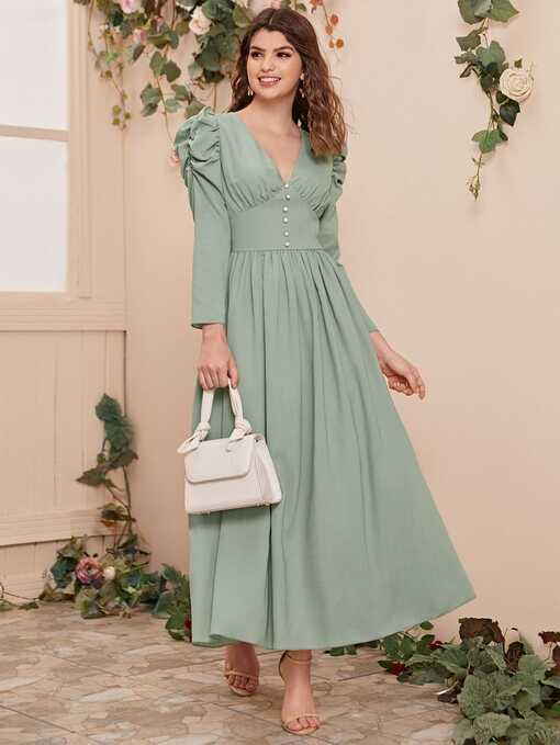 SHEIN Ruched Sleeve Wide Waistband Buttoned Dress