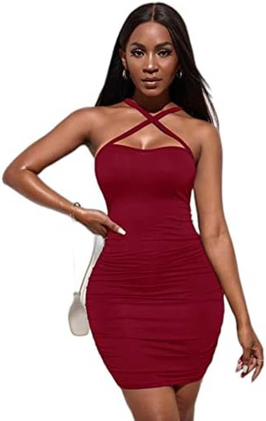 SHEIN SXY Criss Cross Bodycon Dress, M1507280, Burgundy, L : Buy ...