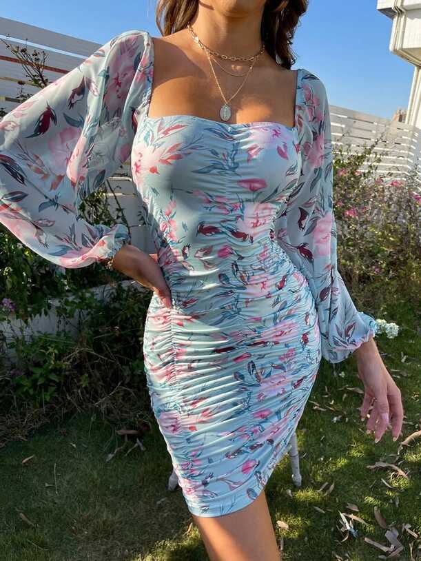 SHEIN SXY Floral Print Sweetheart Neck Ruched Lantern Sleeve ...