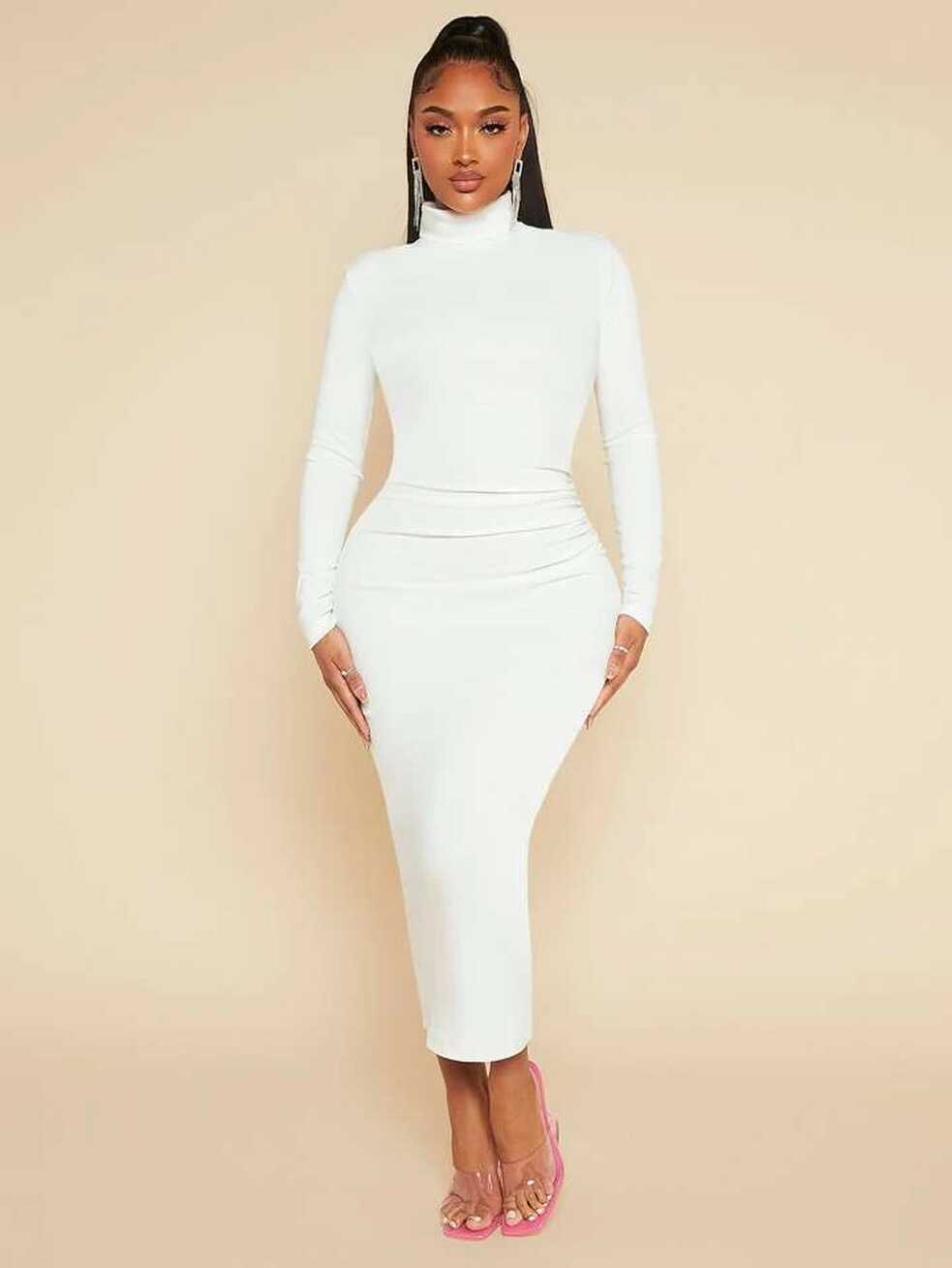 SHEIN SXY High Neck Solid Bodycon Ruched White Maxi Dress for Sale ...