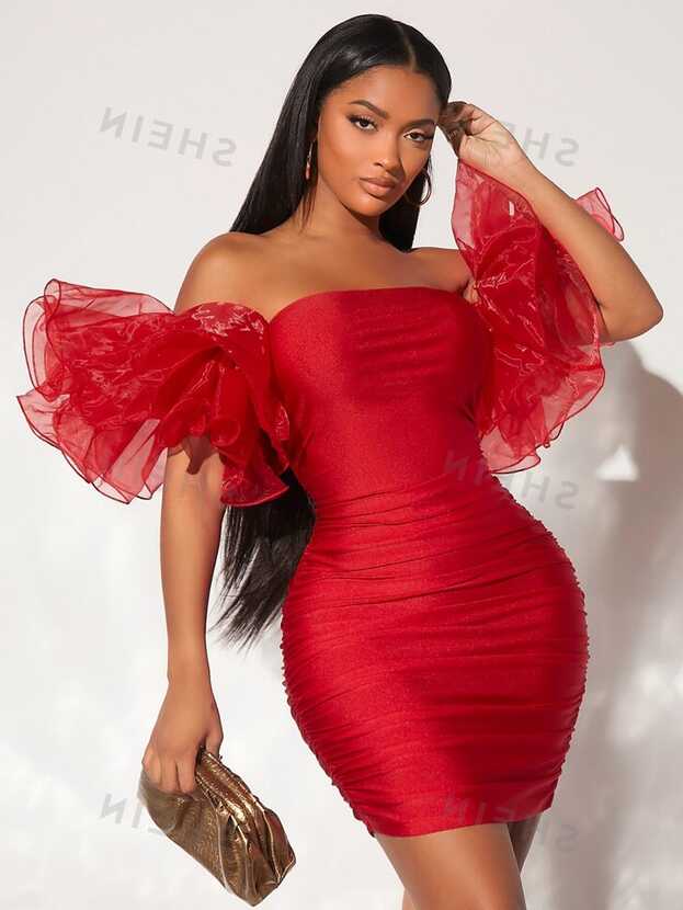 SHEIN SXY Off Shoulder Exaggerated Ruffle Ruched Mesh Bodycon ...