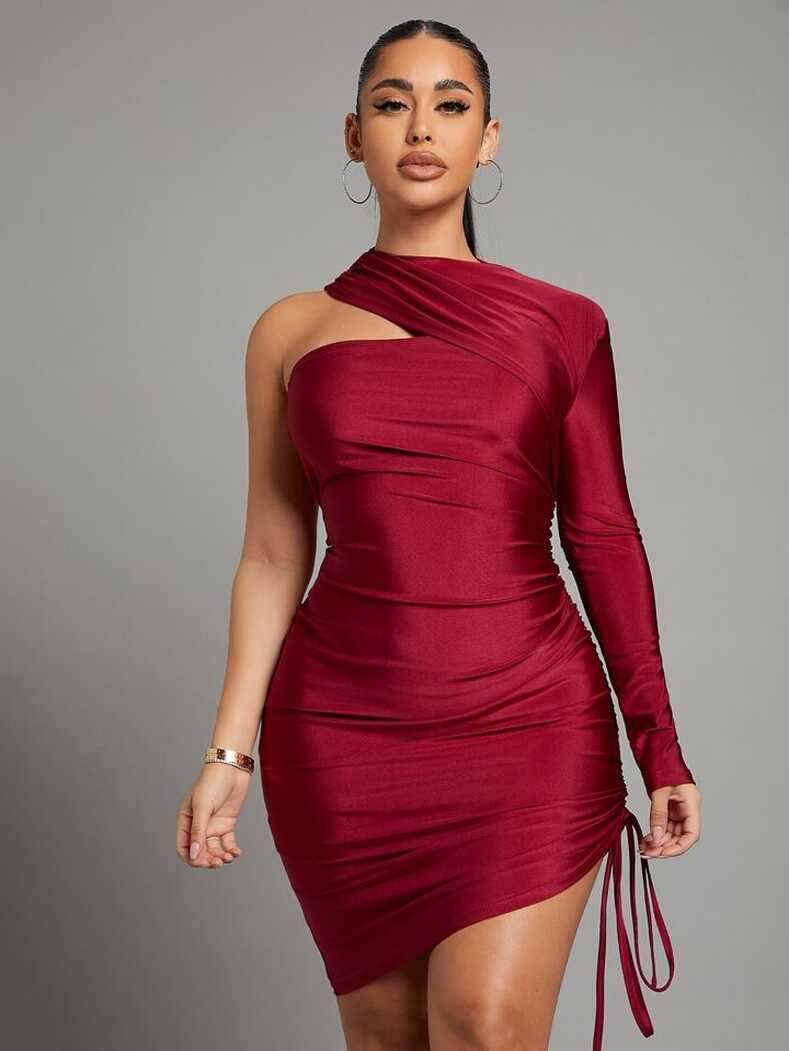 SHEIN SXY One Shoulder And One Drawstring Side Hem Bodycon Dress ...