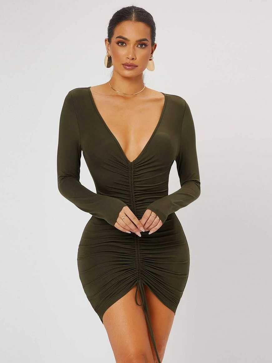 SHEIN SXY Ruched Drawstring Knot Bodycon Dress